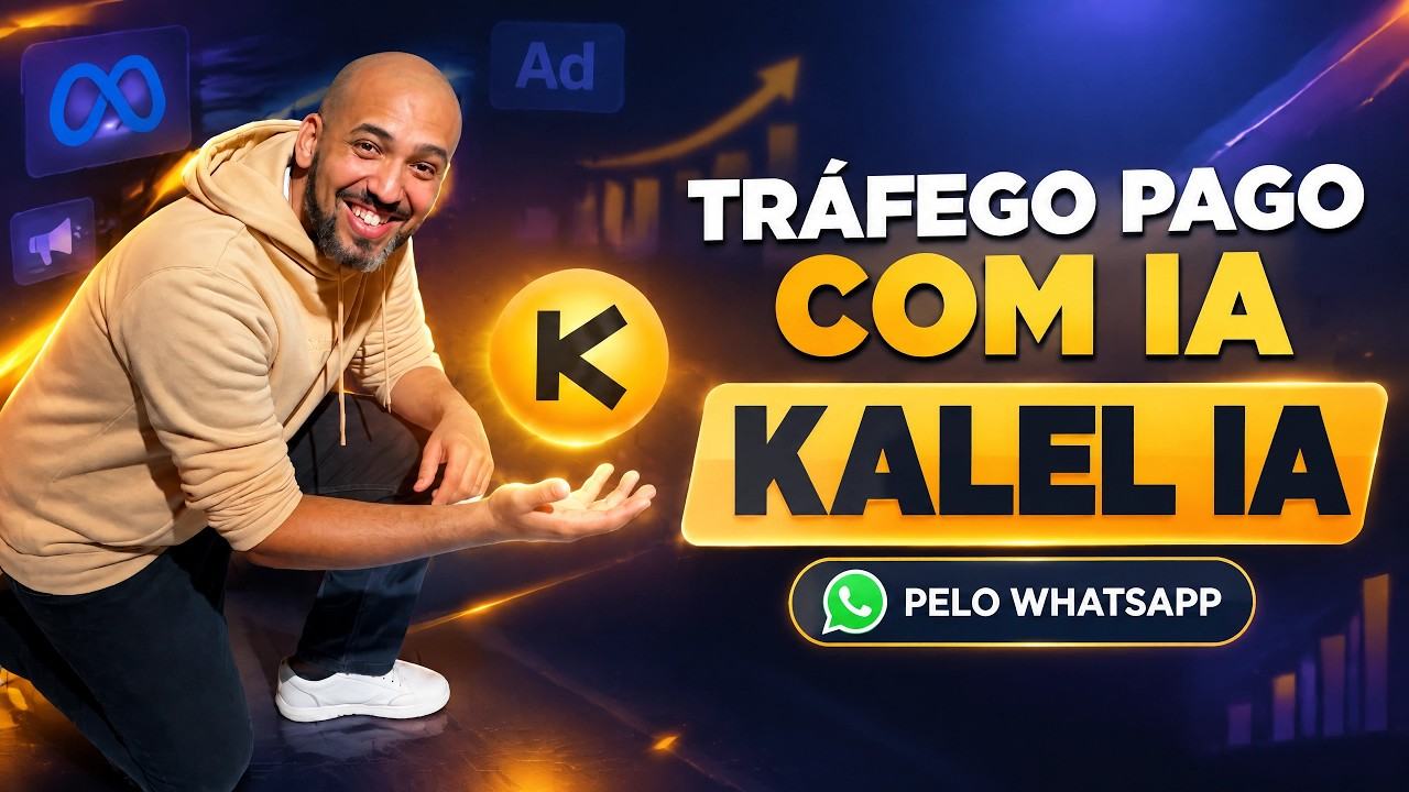 Homem sorrindo ao lado do símbolo do Kalel, com os dizeres Tráfego pago com IA, Kalel IA, pelo WhatsApp